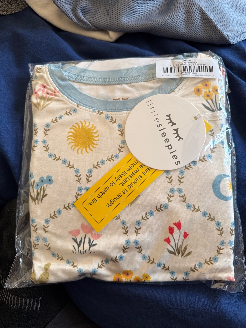 Little Sleepies Cream Pajama Set with Yellow Sun & Blue Floral Trim